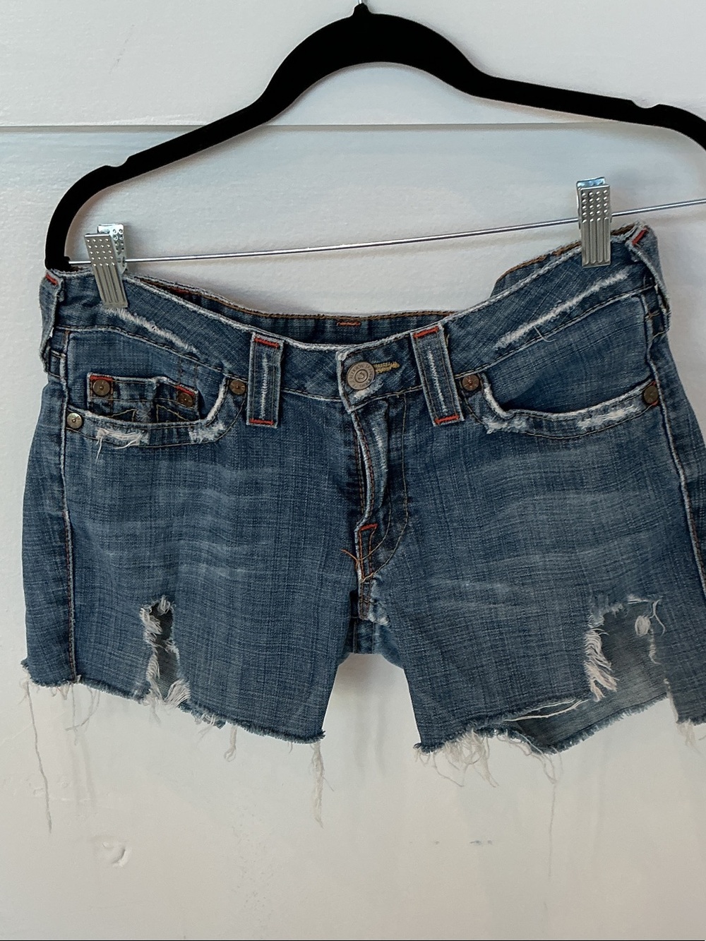 True Religion Frayed Dark Blue Distressed Denim Shorts